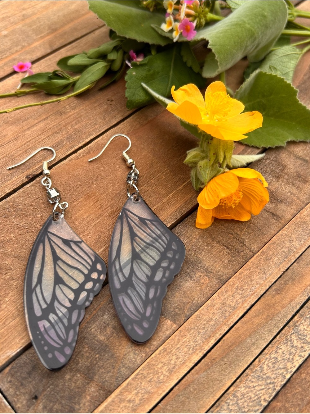 Butterfly Wing Dangle Earrings in Iridescent Gray